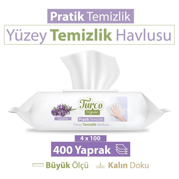 Turco Doğadan Pratik Yüzey Temizlik Havlusu Lavanta 4x100 (400 Yaprak) ürün görseli 1