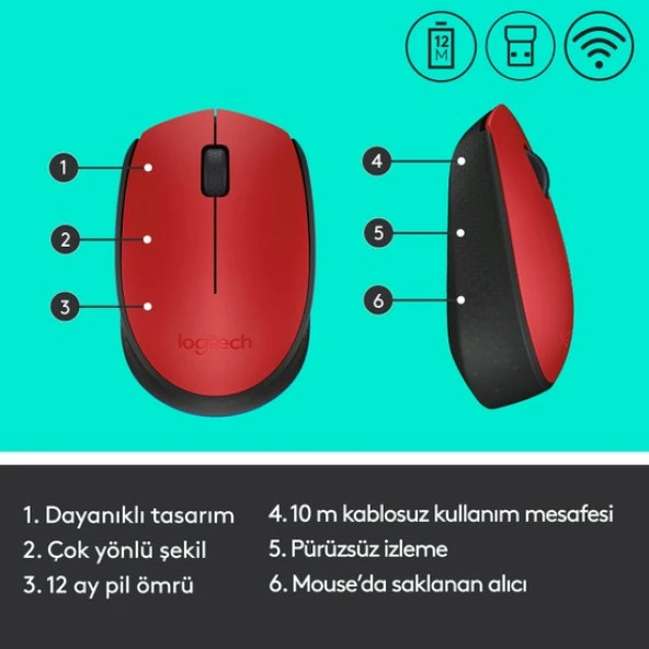 Logıtech M171 Kablosuz Mouse - Kırmızı - Resim 8
