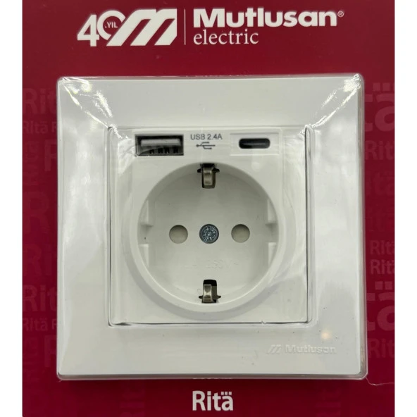 Mutlusan Rita Beyaz USB + Type C Şarjlı Topraklı Priz ürün görseli 1