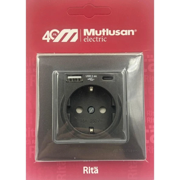 Mutlusan Rita Füme USB + Type C Şarjlı Topraklı Priz ürün görseli 1