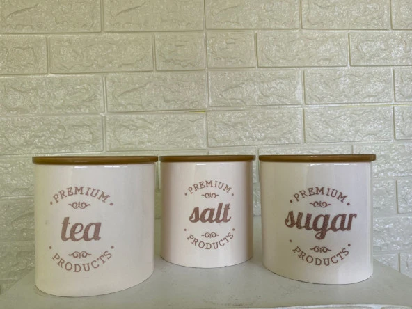 3'lü Vakumlu Kapaklı Porselen 1000 ml Tea/Salt/Sugar Çay Tuz Şeker Kavanoz Seti ürün görseli 1