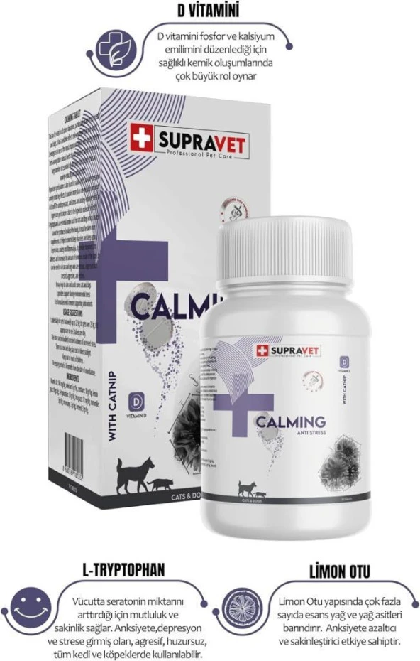 Supravet Calming Tablet Vitamin D + Catnip 75 Tablet - Resim 4