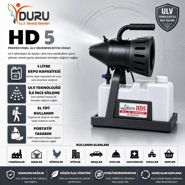 Duru HD 5 5 Litre El Tipi ve Portatif Elektrikli U.L.V. Cihazı Dezenfeksiyon İlaçlama ve Sisleme Makinesi ürün görseli 1