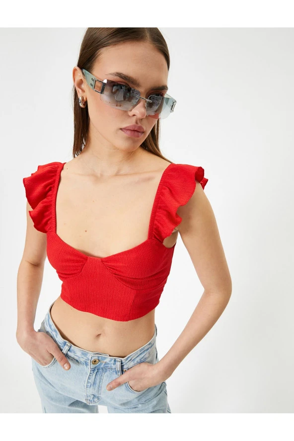 Fırfırlı Crop Bluz Arkası Bağlamalı Kolsuz Kalp Yaka Slim Fit ürün görseli 1