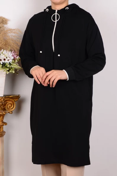 Armine 24YT461 Siyah Kadın Rahat Kesim Kapüşonlu Yarı Fermuarlı Kolları Ribanlı Krep Kumaş Tunik ürün görseli 1