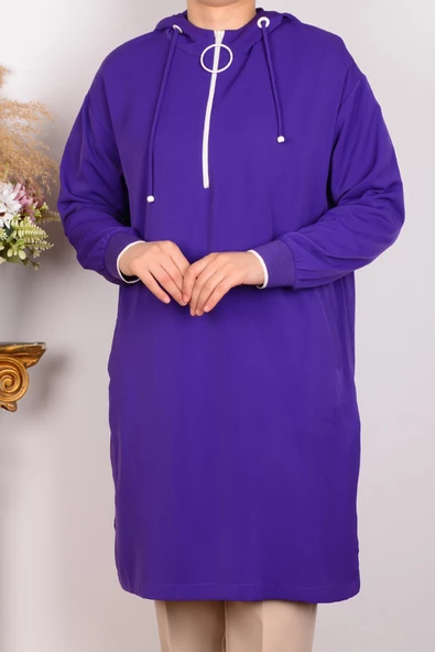 Armine 24YT461 Mor Kadın Rahat Kesim Kapüşonlu Yarı Fermuarlı Kolları Ribanlı Krep Kumaş Tunik ürün görseli 1