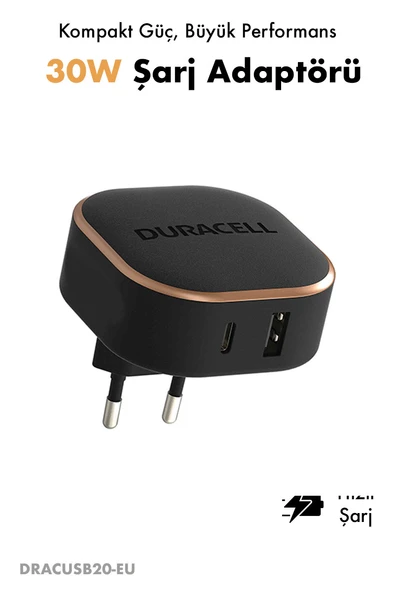 Duracell 30W USB-C PD ve 18W PPS 2.0 Mini Akıllı Hızlı Şarj Adaptörü / Akım ve Isı Koruma iPhone/Android Siyah ürün görseli 1