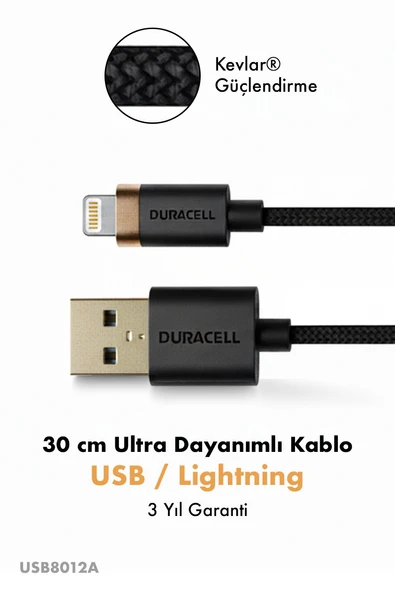 Duracell USB-A to Lightning Hızlı Şarj Kablosu 30 cm Kevlar Örgülü Dayanıklı Data Kablosu-Siyah ürün görseli 1