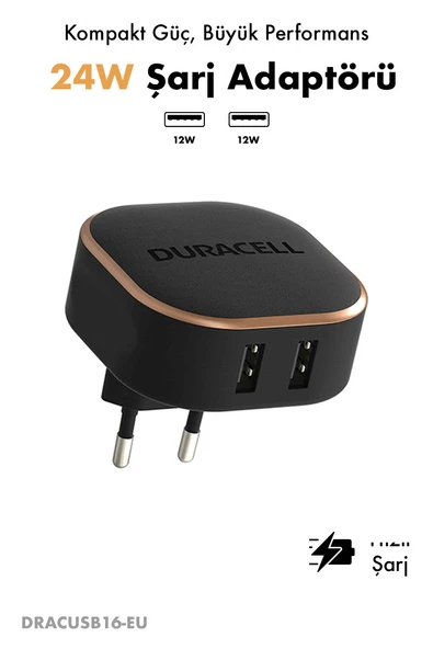 Duracell 24W Seyahat Şarj Adaptörü Çift USB 2xUSB-A /Telefon Tablet Hızlı Şarj Cihazı Siyah ürün görseli 1