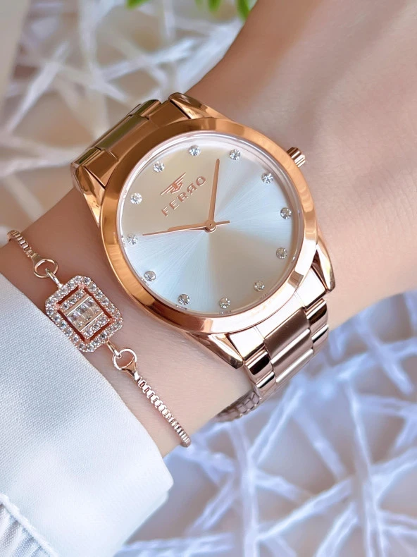 Ferro Rose/Gold Renk Kararmaz Renk Atmaz 3 Atm  Özel Tasarım Kadın Kol Saati EFL21929C ürün görseli 1