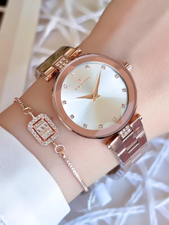 Ferro Rose/Gold Renk Kararmaz Renk Atmaz 3 Atm  Özel Tasarım Kadın Kol Saati EFL21297C ürün görseli 1