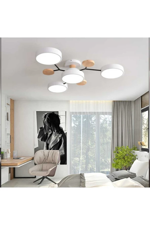 SimaAvize Modern Ahşap Led Avize-Beyaz ürün görseli 1