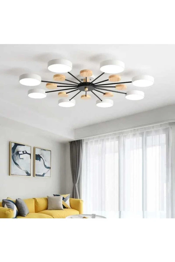 SimaAvize Modern Ahşap Detaylı Led Avize 8'li_beyaz ürün görseli 1