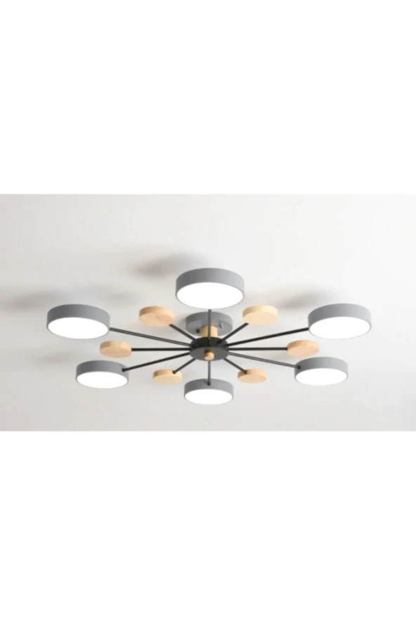 SimaAvize Modern Ahşap Detaylı Led Avize 6'lı Gri ürün görseli 1