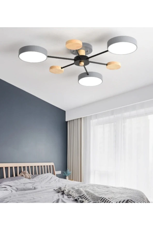 SimaAvize Modern Ahşap Detaylı Led Avize Gri 3'lü ürün görseli 1