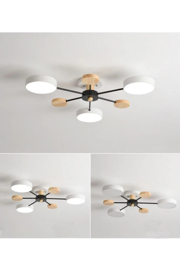 SimaAvize Modern Ahşap Detaylı Led Avize Beyaz 3'lü ürün görseli 1