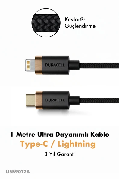 Duracell Type-C to Lightning Hızlı Şarj Kablosu 1 metre Kevlar Örgülü Dayanıklı USB-C - Siyah ürün görseli 1