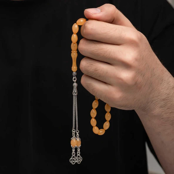 Gümüş Püskül Sıkma Kehribar Tesbih - Resim 3