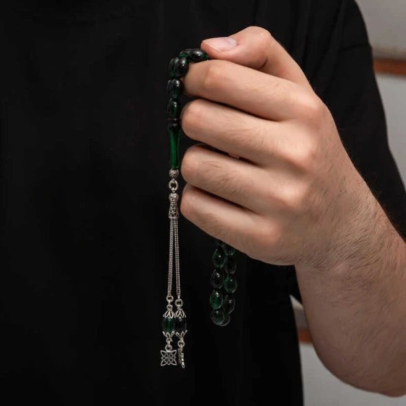 Gümüş Püskül Sıkma Kehribar Tesbih - Resim 2