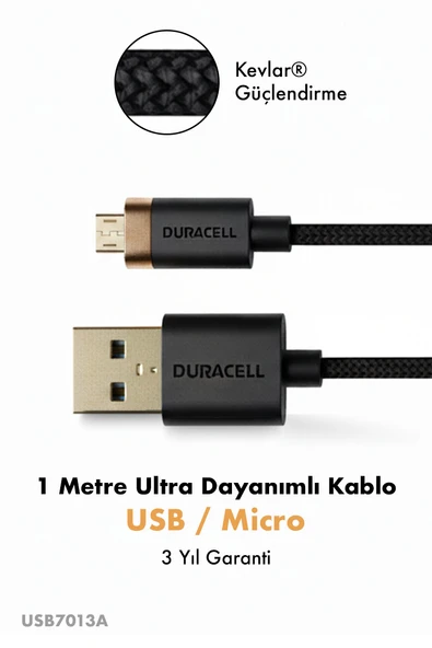 Duracell USB-A to Micro Hızlı Şarj Kablosu 1 metre Kevlar Örgülü Dayanıklı Data Kablosu - Siyah ürün görseli 1