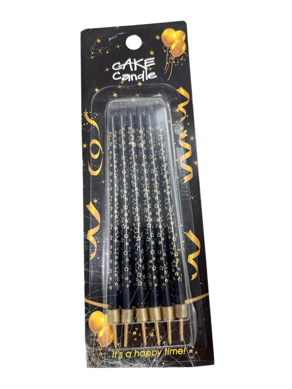 Siyah Üzeri Yıldız Baskılı İnce Mum 14 cm 6 lı ürün görseli 1