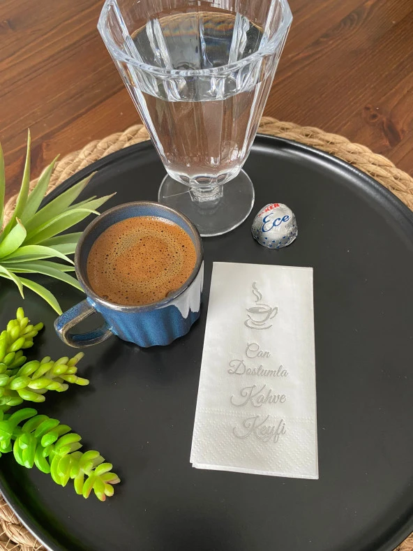 Gümüş Yaldızlı Beyaz Can Dostumla Kahve Keyfi Peçete 6x12 cm ürün görseli 1