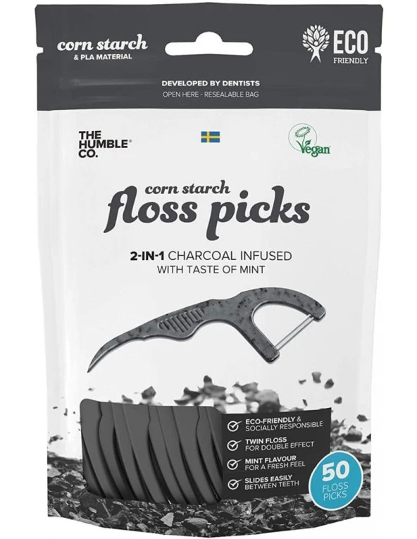 Humble Brush Floss Picks Charcoal 50 Adet | Kürdanlı Diş İpi Kömür Etkisi Nane Tadı ürün görseli 1