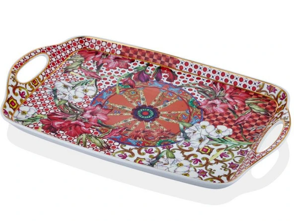 LAMEDORE LILYUM DESENLİ KULPLU TEPSİ 46,5X29X3,5 CM ürün görseli 1