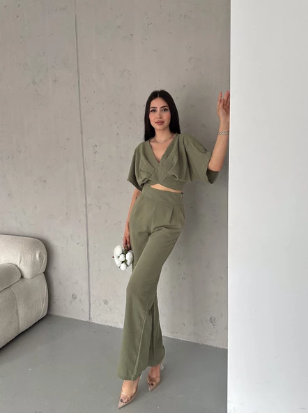 KETEN CROP TAKIM ikili Keten Bluz Pantolon Alt Üst Takım ürün görseli 1