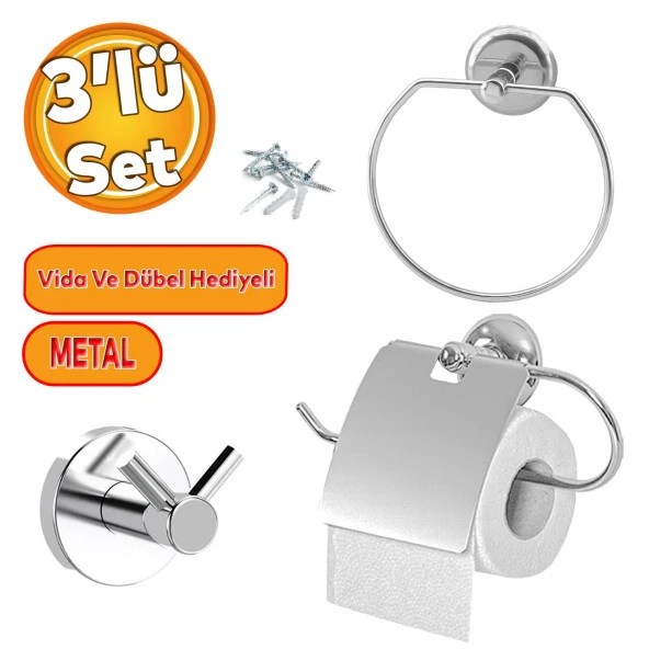 Krom Metal Sağlam Aparat Vidalı Lavabo Banyo Wc Bez Havlu Çatal Askı Tuvalet Kağıtlık 3'lü Set ürün görseli 1