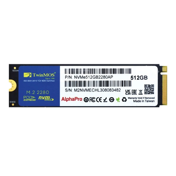 TwinMOS AlphaPro NVMe512GB2280AP 512GB (3600/3250MB/s) M.2 2280 PCIe 3.0 NVMe SSD ürün görseli 1