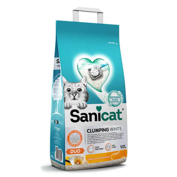 Sanicat clumping white 10lt duo vanilya ve mandalina kokulu topaklanan bentonit kedi kumu vanılla ürün görseli 1