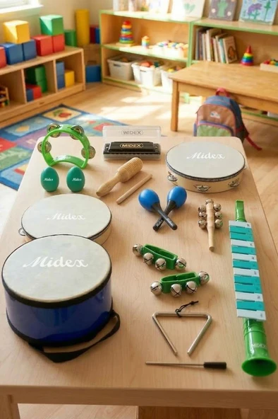 Midex Örf Aletleri Seti Median Paket-3 Maracas Zil Melodika Üçgen Ritim Mızıka Davul Tef (13 Parça) ürün görseli 1