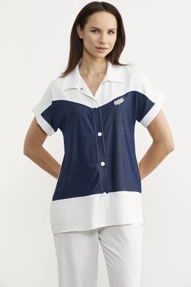 Denim Görünümlü Çift Renk Takım - Ekru - Resim 3