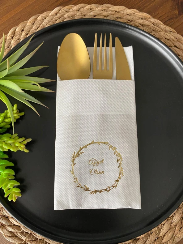 Gold Yaldızlı Beyaz Çelenkli Afiyet Olsun Cepli Peçete 12 lı 40x40 ürün görseli 1