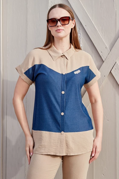 Denim Görünümlü Çift Renk Takım - Taş - Resim 2