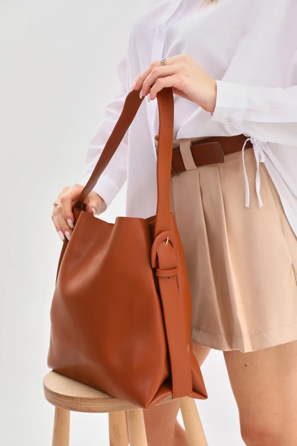 Taba içi Süet Yumuşak Deri Çıtçıt Ve Fermuarlı Iç Bölme Büyük Boy Shopper Çanta ürün görseli 1