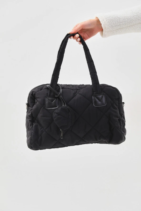 Siyah Kabartmalı Puf Kumaş Kapitone Tote Shopper Omuz Kol Çantası Cüzdanlı ürün görseli 1