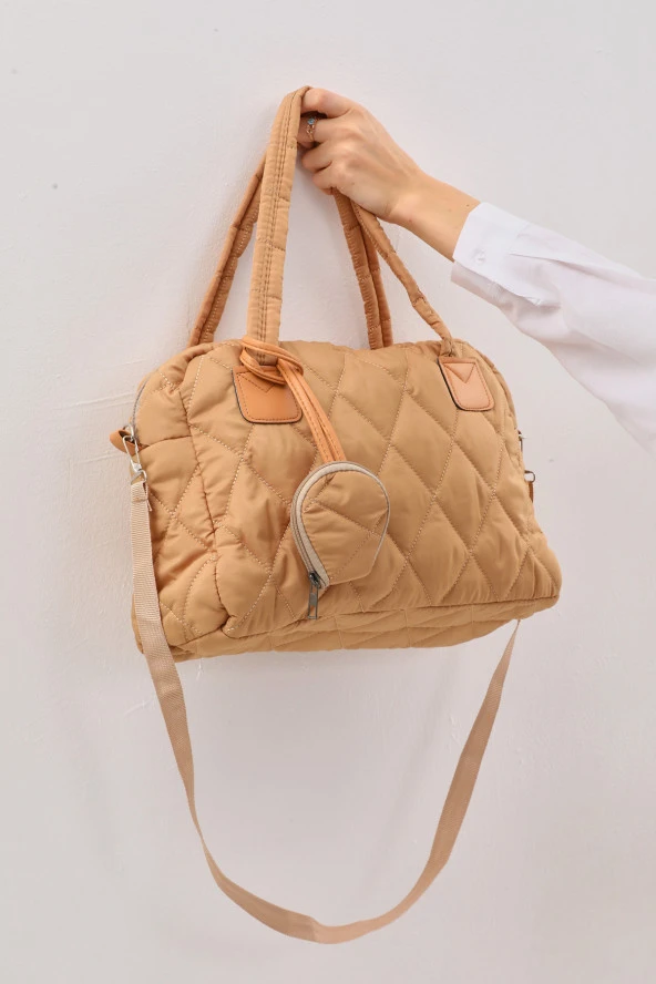 Hardal Kabartmalı Puf Kumaş Kapitone Tote Shopper Omuz Kol Çantası Cüzdanlı ürün görseli 1