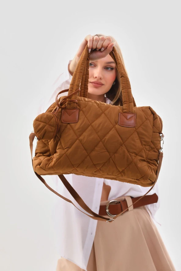 Taba Kabartmalı Puf Kumaş Kapitone Tote Shopper Omuz Kol Çantası Cüzdanlı ürün görseli 1