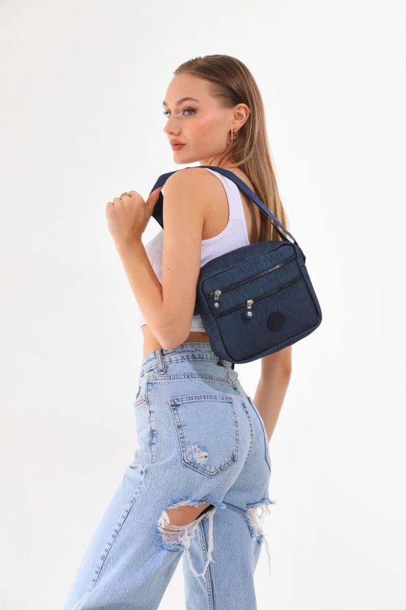 Krinkıl Kumaş Unisex Çok Bölmeli Su Geçirmez Lacivert Omuz Çantası ürün görseli 1