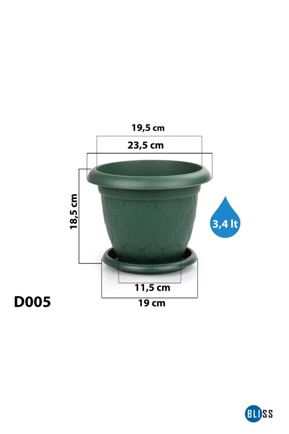 3,4 Litre Damla Desenli Yeşil Renk Mat Plastik Küçük Boy Yuvarlak Saksı Tabaklı ürün görseli 1