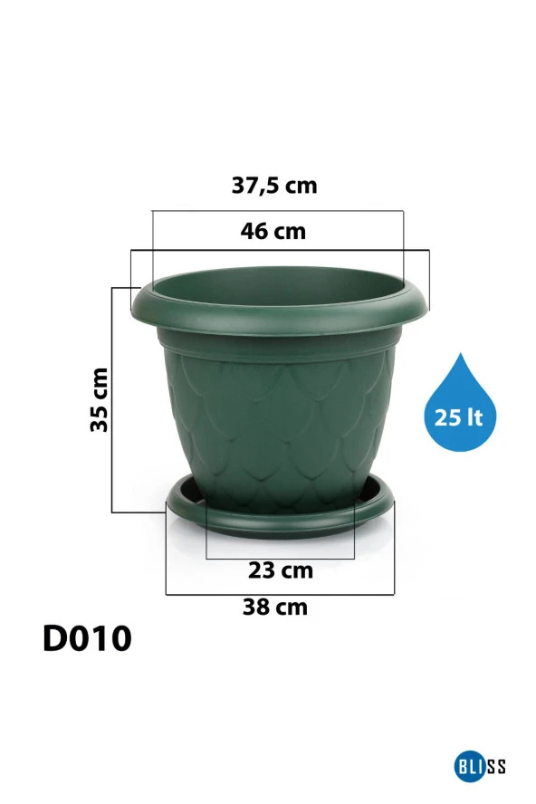 25 Litre Damla Desenli Kiremit Renk Mat Plastik Büyük Boy Yuvarlak Saksı Tabaklı ürün görseli 1