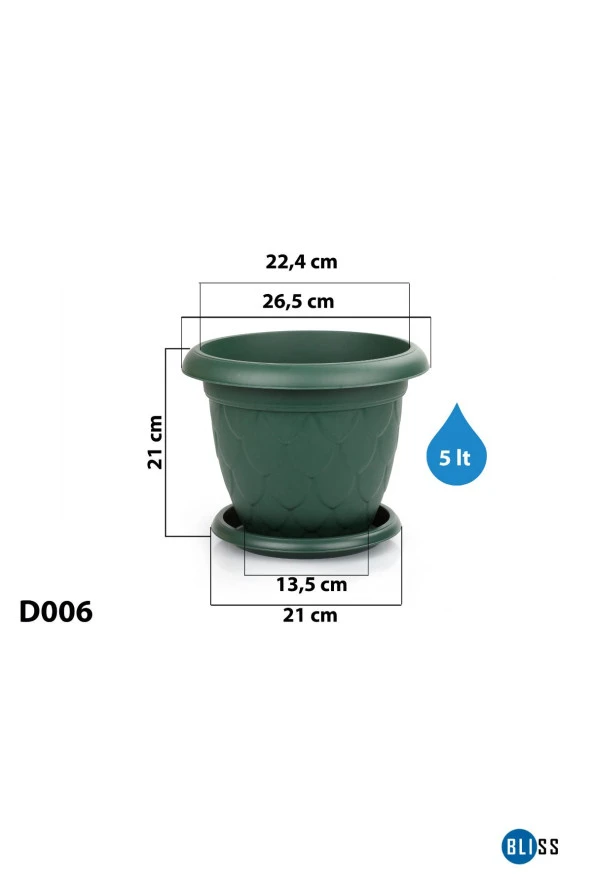 5 Litre Damla Desenli Yeşil Renk Mat Plastik Orta Boy Yuvarlak Saksı Tabaklı ürün görseli 1