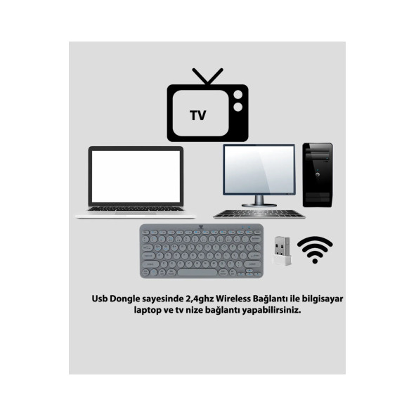 Blueforce Bt-k95 2,4Ghz Wireless + Bluetooth Kablosuz Klavye Gri Çift Modlu - Resim 2
