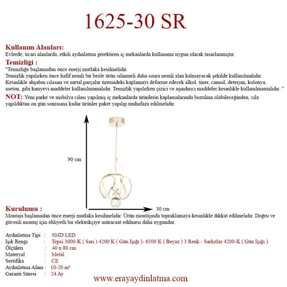 Eray Aydınlatma 1625-30 SR Led Gold Avize - Resim 3