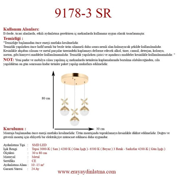 Eray Aydınlatma 9178-3 3lü Sarkıt Led Avize - Resim 3