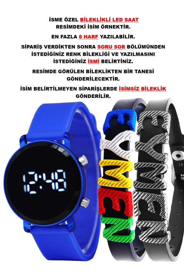 Mavi Silikon Kordon Yuvarlak Kasa İsimli Bileklikli Şık Şirin Tasarım Çocuk Led Saat SU-1115 ürün görseli 1