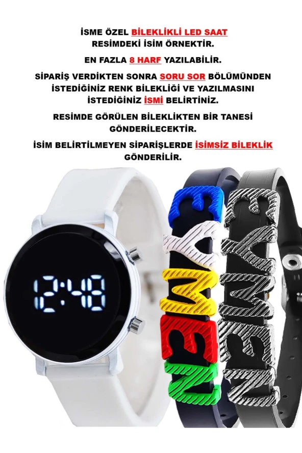 Beyaz Silikon Kordon Yuvarlak Kasa İsimli Bileklikli Şık Şirin Tasarım Çocuk Led Saat SU-1114 ürün görseli 1
