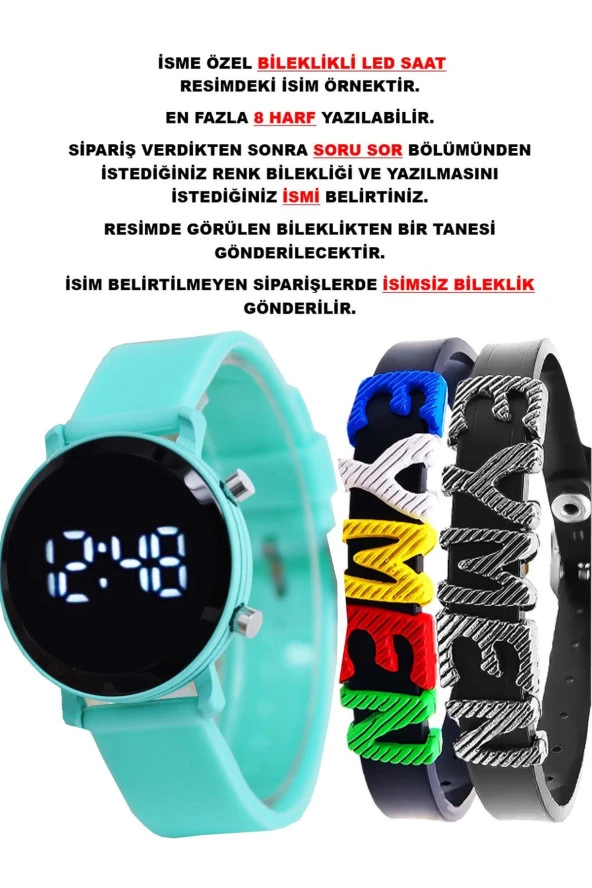 Mint Yeşil Silikon Kordon Yuvarlak Kasa İsimli Bileklikli Şık Şirin Tasarım Çocuk Led Saat SU-1112 ürün görseli 1